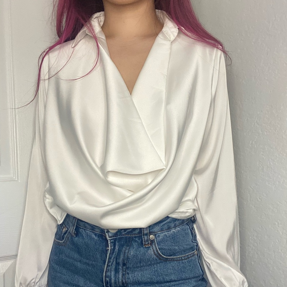 Superdown white cowl neck career top blouse